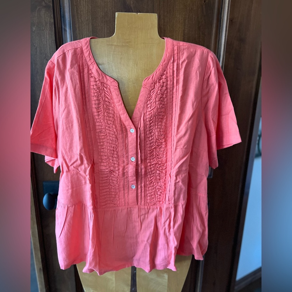 Naturals D&CO India top shirt blouse peach salmon  L short sleeve linen blend